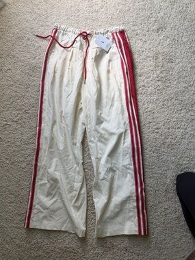 Cream Wide-Leg Track Pants with Red Stripe Detail
